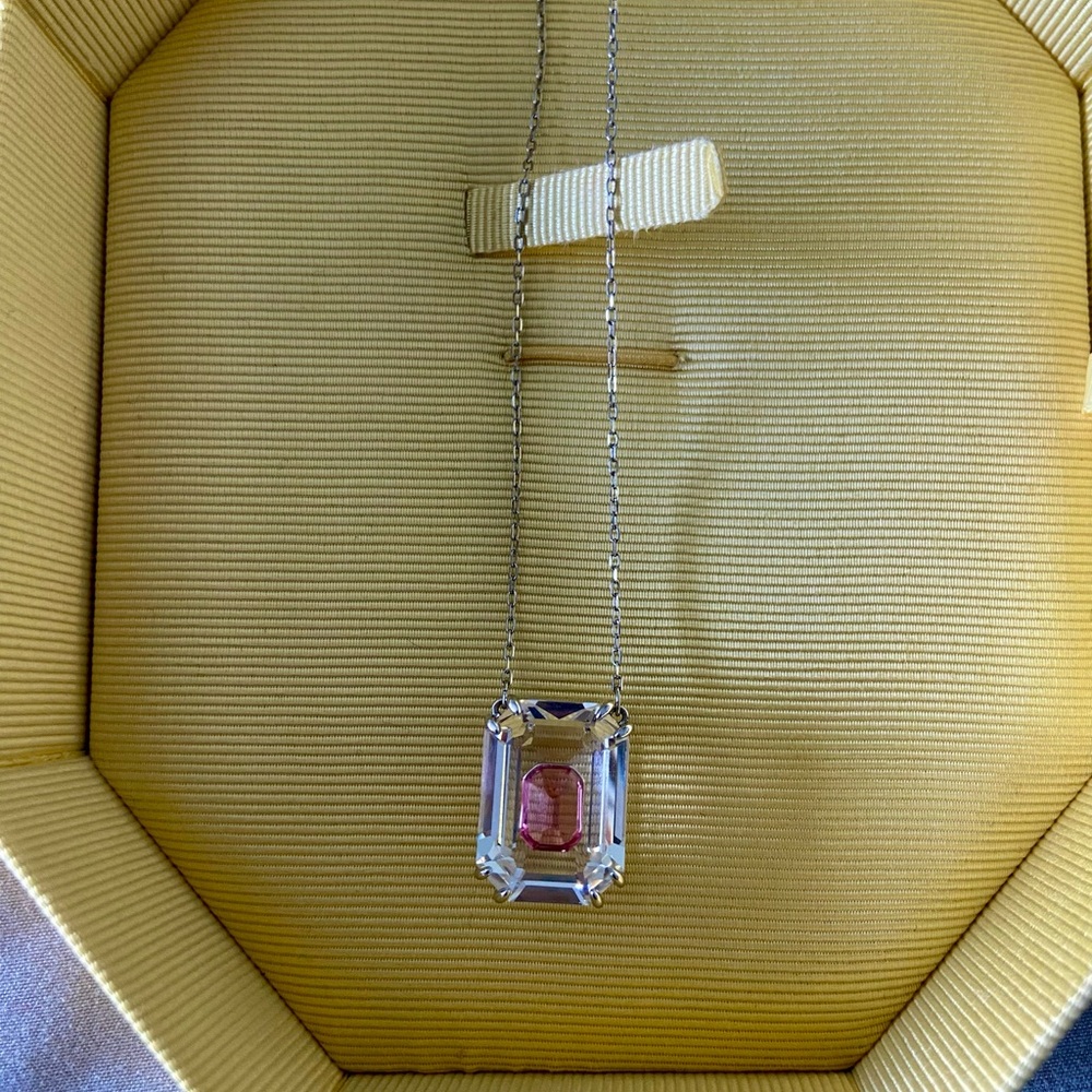 Swarovski Silver Necklace with Rectangular Clear Crystal Pink Center Stone
